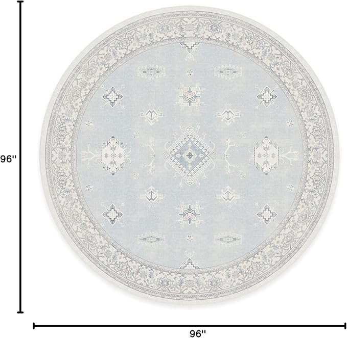 RUGGABLE Washable Vintage Area Rug – Verena Soft Blue 8 ft Round, Stain-Resistant, Non-Slip – Large Machine Washable Rugs for Living Room, Bedroom, Hallway, Entryway & Office–with Cushioned Pad
