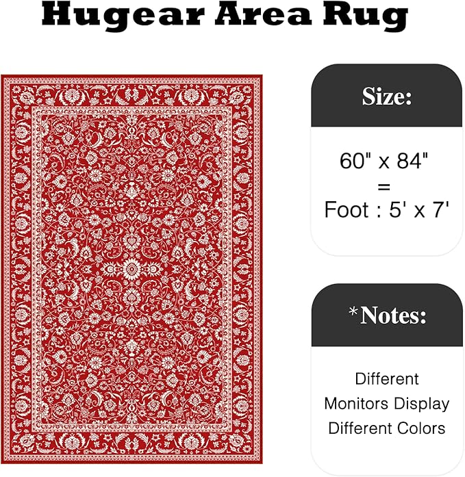 HUGEAR Christmas 5x7 Machine Washable Rugs Red Hallway Area Rug Indoor Accent Rug Floral Low Pile Carpet Soft Throw Aesthetic Rug Bedroom Living Room Office Dining Room Kitchen Laundry Room Non Slip