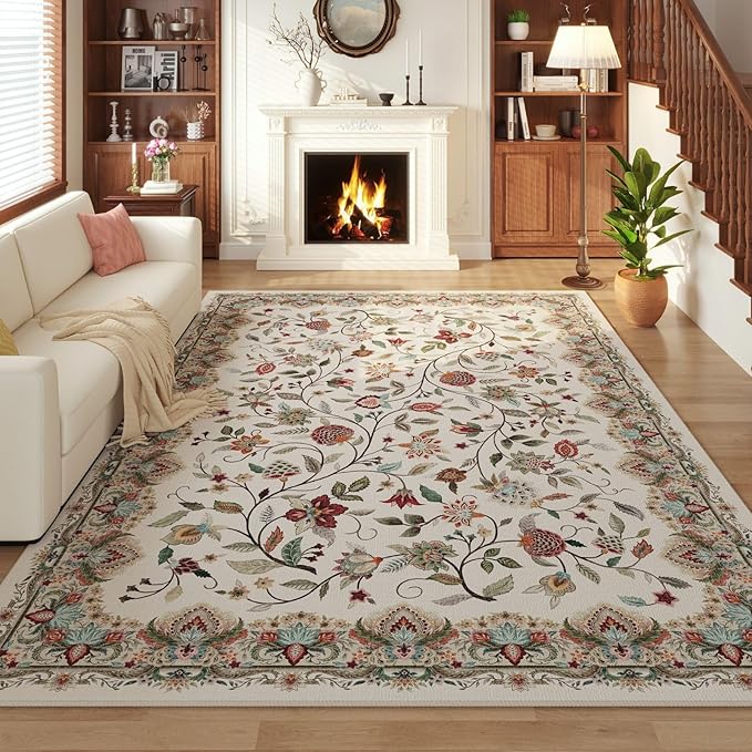 Rugcomf Vintage Paisley Rugs for Living Room 8'x10' - Machine Washable Area Rug, Non-Slip Low Pile Large Floral Carpet for Bedroom, Dining Room, Farmhouse, Office, Kids Playroom - Beige