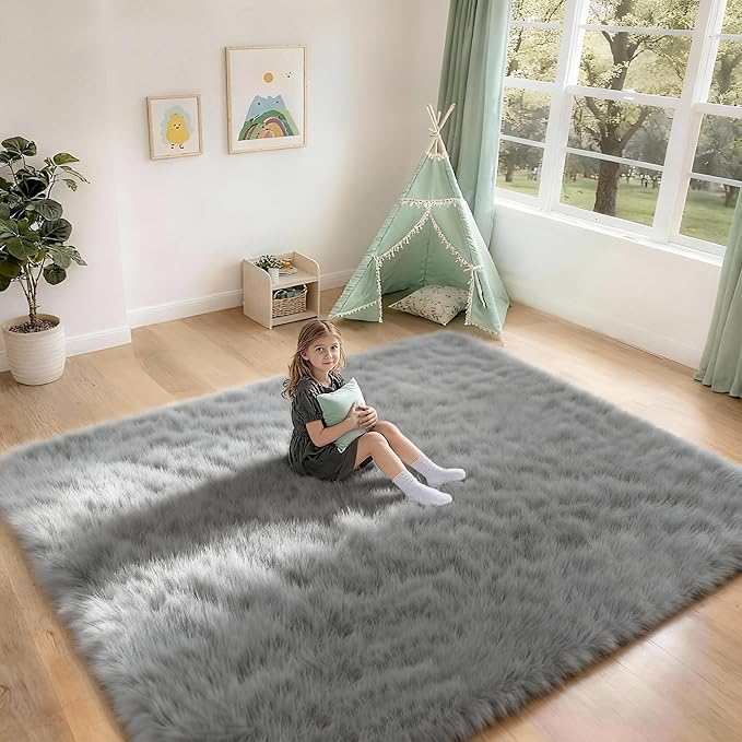 6x9 Solid Fluffy Grey Area Rug – Washable, Durable, Large Living Room Rug, Non-Slip High Pile Shag Rugs for Bedroom, Bedside, Dorms, Nursery Rooms, Kids Room, Soft Indoor Floor Carpet Decor