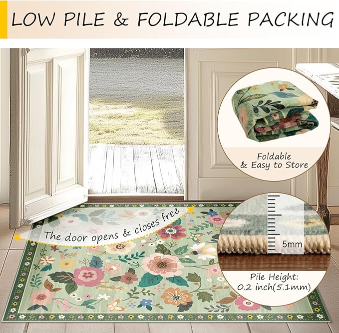 Floral 2x6 Area Rug Machine Washable Soft Print Boho Carpet Non Slip Doormat Low Pile Flower Area Rugs for Living Room Bedroom Nursery Kitchen Dining Room Indoor-Light Green