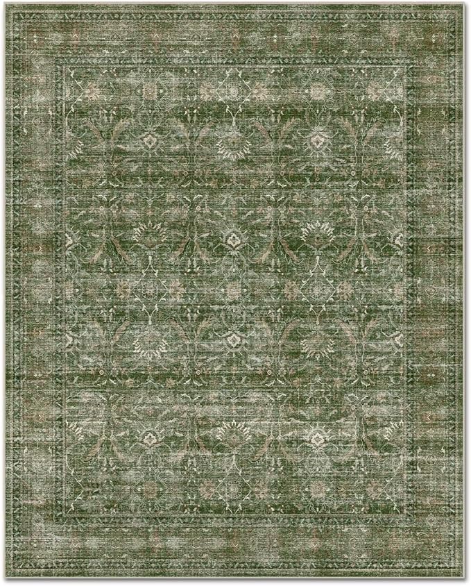 Washable 8x10 Area Rugs for Living Room, Boho Non-Slip Vintage Distress Large Rugs for Bedroom Dining Room Nursery Office, 0.3" Neutral Oriental Throw Thin Carpet, Grass Green/Multi