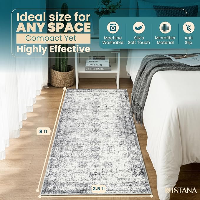 Istana Hallway Runner Rug 2.5x8 – Navy Entryway Rug -Silk's Soft Touch Runners for Hallways - Stylish Kitchen Runner Rug Non Slip