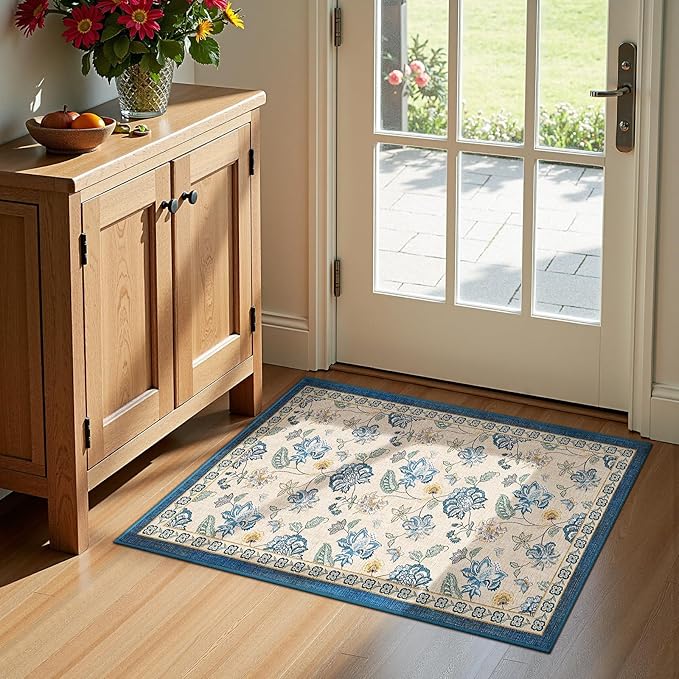 jinchan Elora 2x3 Floral Rug for Entryway Washable Rug Vintage Romance Design Small Mat Non Slip Indoor Doormat Lightweight Low-Profile Throw Carpet for Entrance Bathroom Laundry Room, Blue/Beige