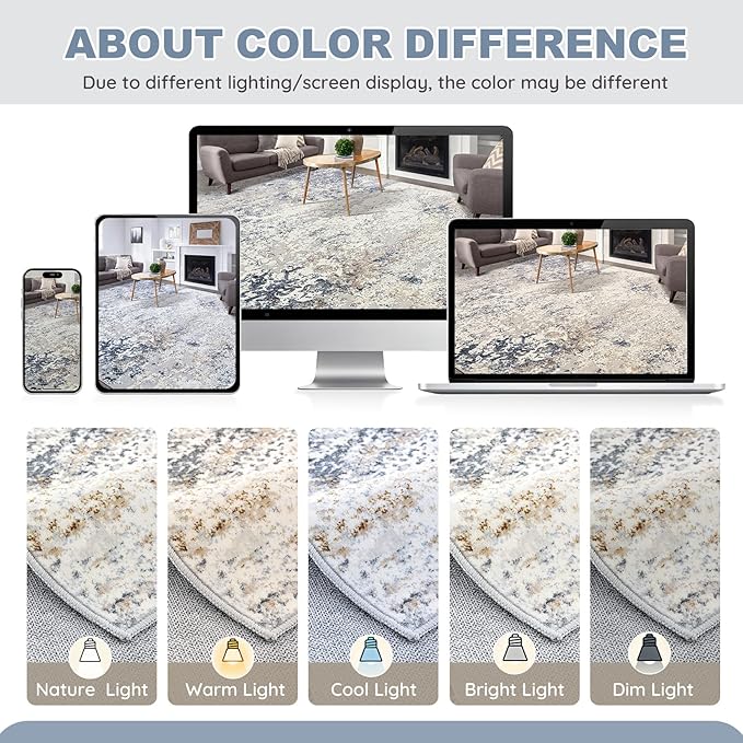 Washable Runner Rug for Hallway: 3x8 Neutral Modern Abstract Low Pile Area Rug with Non-Slip Backing - Carpet for Bedroom Kitchen Laundry Entryway Bathroom Indoor - Beige Blue