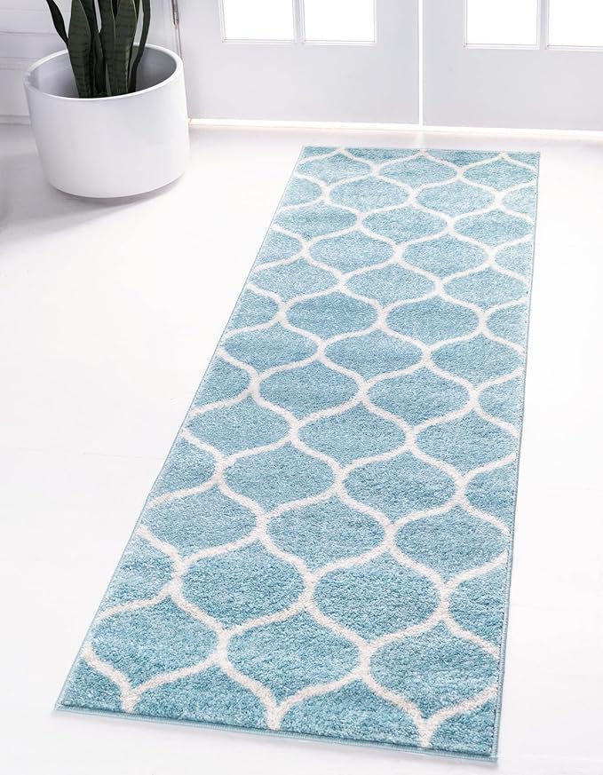 Rugs.com Lattice Frieze Collection Rug – 2' x 6' Runner Light Blue Medium Rug Perfect for Living Rooms, Large Dining Rooms, Open Floorplans