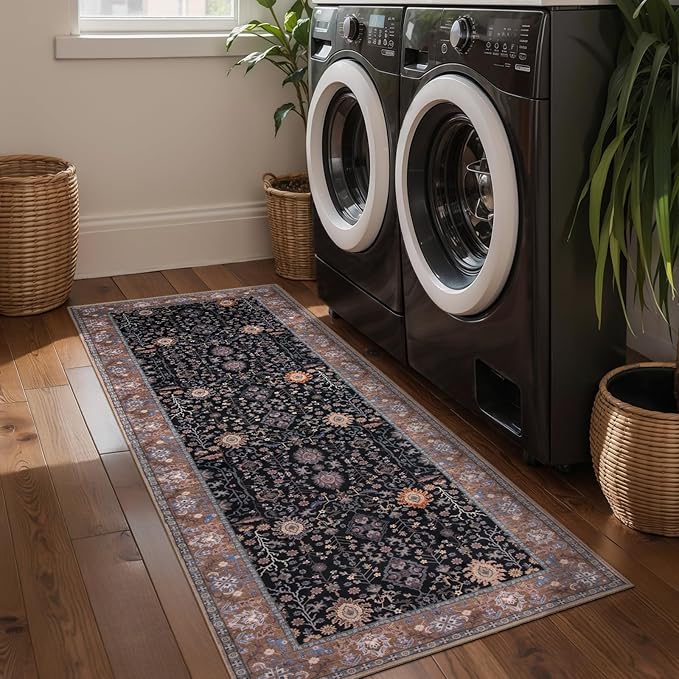 Ciicool Black Area Rugs Washable Non Slip Runner Rug, 2x6ft Hallway Rug Vintage Kitchen Carpet for Entrance Bedroom Laundry Bathroom Decor