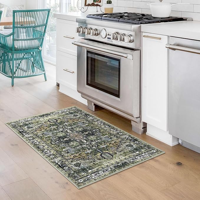 KOZYFLY Small Area Rug 2x3 Ft Rugs for Entryway Washable Boho Entry Rug Non Slip Door Mat Indoor Entrance Faux Wool Vintage Printed Kitchen Rug Throw Rugs for Entrance Kitchen, Charcoal/Green/Olive