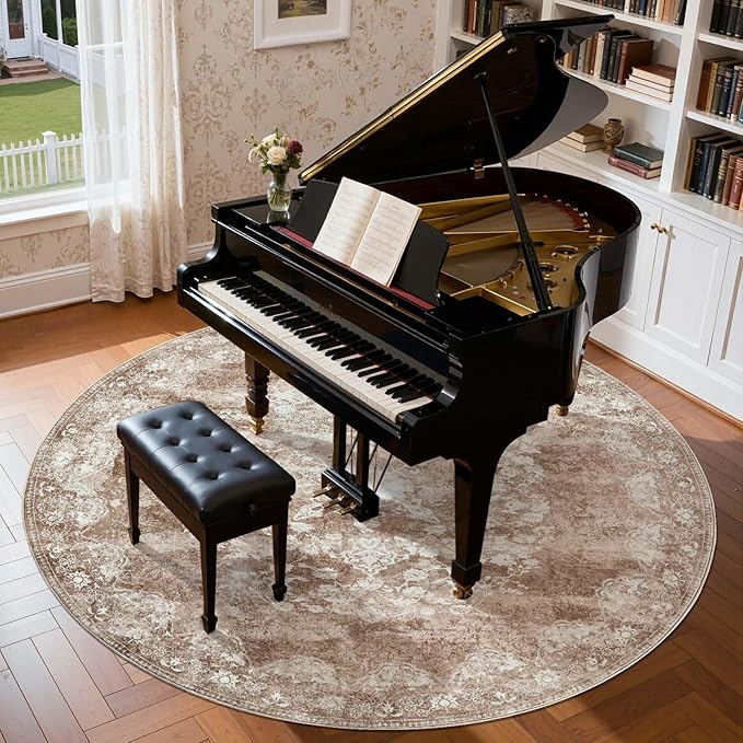 jinchan Round Rug 8ft Area Rug - Brown Vintage Floor Mat Kitchen Indoor - Washable Circle 8' Thin Floral Print Carpet Retro Farmhouse Non Slip Dining Room Living Room Bedroom Office