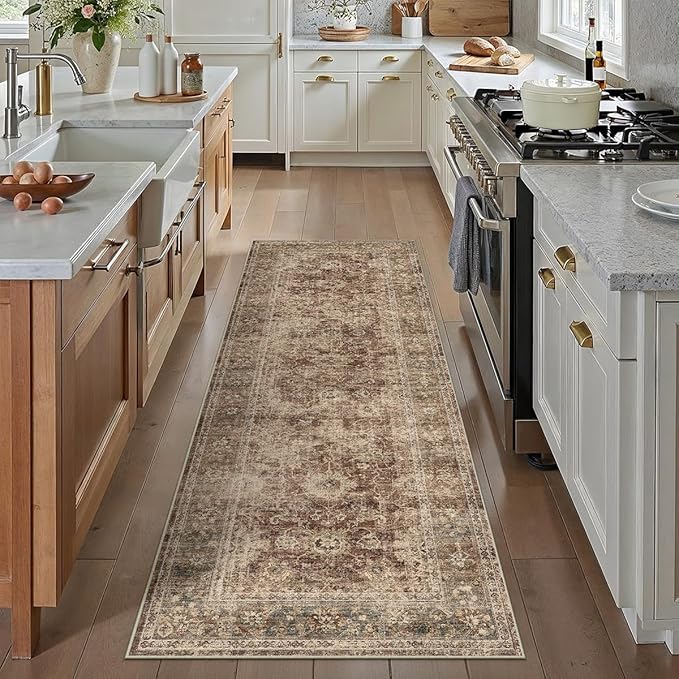 2x6 Washable Runner Rug for Kitchen Hallway Rust Vintage Non-Slip Low Pile Distressed Rustic Carpet Lightweight Vacuumable Soft Throw Rug for Indoor Entryway Bedroom