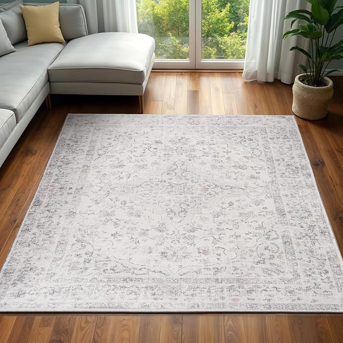 Area Rug - 9x12 Large Dining Room Rug Soft Living Room Mat, Vintage Washable Indoor Floor Throw Carpet for Bedroom, Playroom, Home Office (Grey)