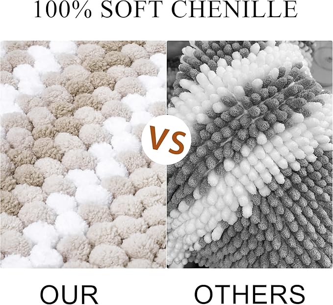 PiccoCasa Chenille Bathroom Rug, Soft Fluffy Absorbent Bath Mat, Medium Pile Striped Carpet Washable Non Slip Bathroom Floor Mats(20"x32",Khaki & White)