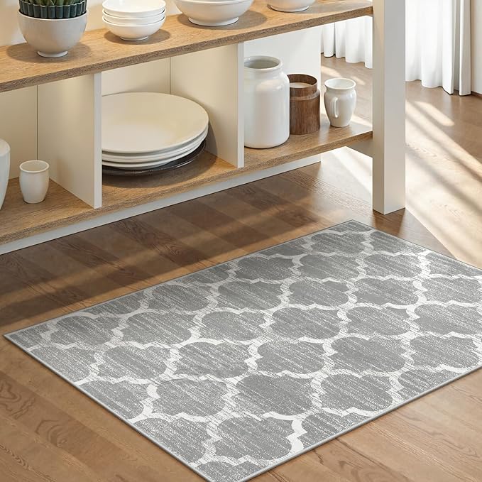 Lahome Moroccan Kitchen Rug - 2x3 Washable Entryway Rug Door Mat Indoor Entrance Non-Slip Small Throw Area Rugs Front Door Rugs Indoor for Bedroom Living Room Entry Bath Laundry Decor (Gray)