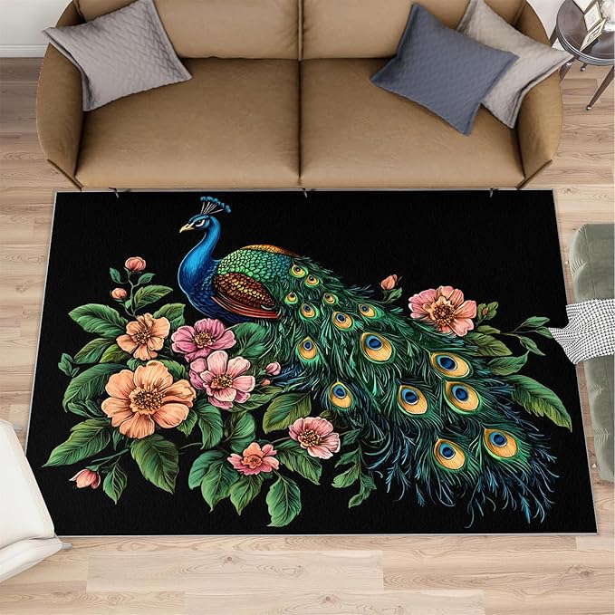 Peacock Peony Rugs for Bedroom - 6x8 Rug, Classic Peacock Peony Area Rugs for Living Room, Teal Turquoise Carpet, Floral Plant Washable Area Mat, Aesthetics Carpet - Peafowl Home Decor & Gifts