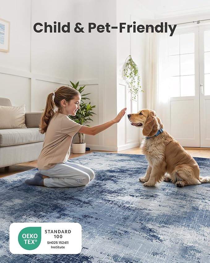 AMADA HOMEFURNISHING 5x7 Area Rugs for Living Room, Modern Abstract Washable Rug Neutral Soft with Non-Slip Backing & Low Pile Kids Rug for Resistant, Bedroom, Nursery Home Office, Dark Blue