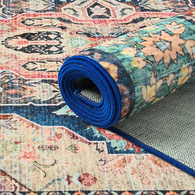 Area Rugs 6x9, Low Pile Washable Rugs, Soft Vintage Distressed Rugs for Living Room Bedroom, Office, Dining Room, Water Repellent & Non Shedding, Terracotta