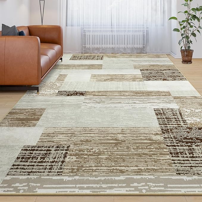Large Area Rugs,Modern Geometric Patchwork Floor Decor for Bedroom Aesthetic Carpet, Rockwood Collection, Indoor Rugs for Living Room, Dining Room, Nursery, Office, Machine Washable Rug,5x8 Ft Beige