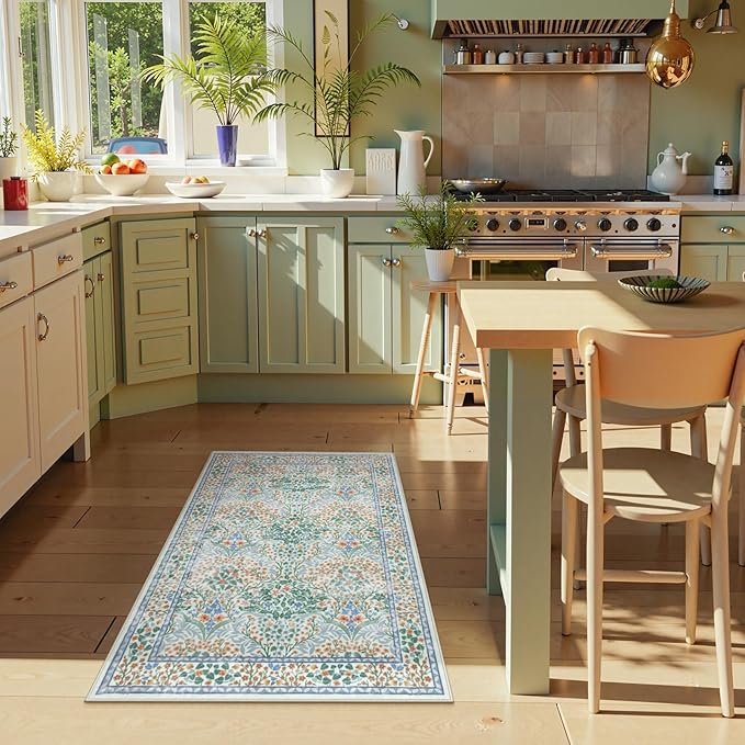 Lahome Floral Washable Rugs for Entryway, 2x3 Kitchen Rugs Non Slip Boho Soft Door Mat Indoor Entrance, Ultra-Thin Easy Clean Forest Design Small Throw Carpet for Bedroom Bathroom, Green