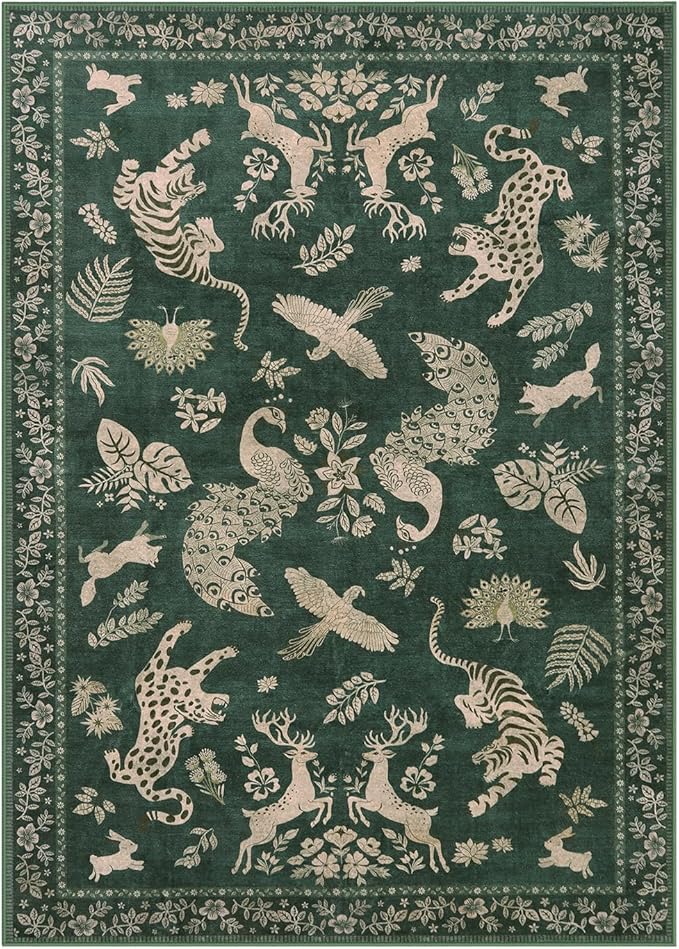 Moynesa Green 5x7 Living Room Rugs, Luxurious Vintage Boho Animal Washable Area Rug for Bedroom Dining Room Office Study, Low Pile Soft Non-Slip Easy Clean Retro Carpets for Indoor