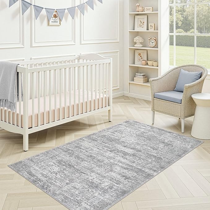 Washable Area Rug: 3x5 ft Abstract Small Rugs for Entryway Kitchen Living Room Bedroom - Non Slip Modern Neutral Carpet Indoor Front Door - Vintage Grey