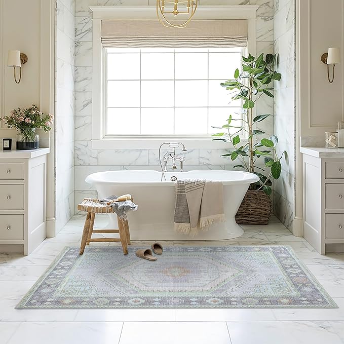 Fame Living Washable Area Rug. Modern Farmhouse. Vintage. Turkish. Bohemian. Distressed. Oriental. Traditional. Rugs for Living Room. Dining. Bedroom. Office. Entryway. Foyer. (856GrnCrm, 9'5" x 14')