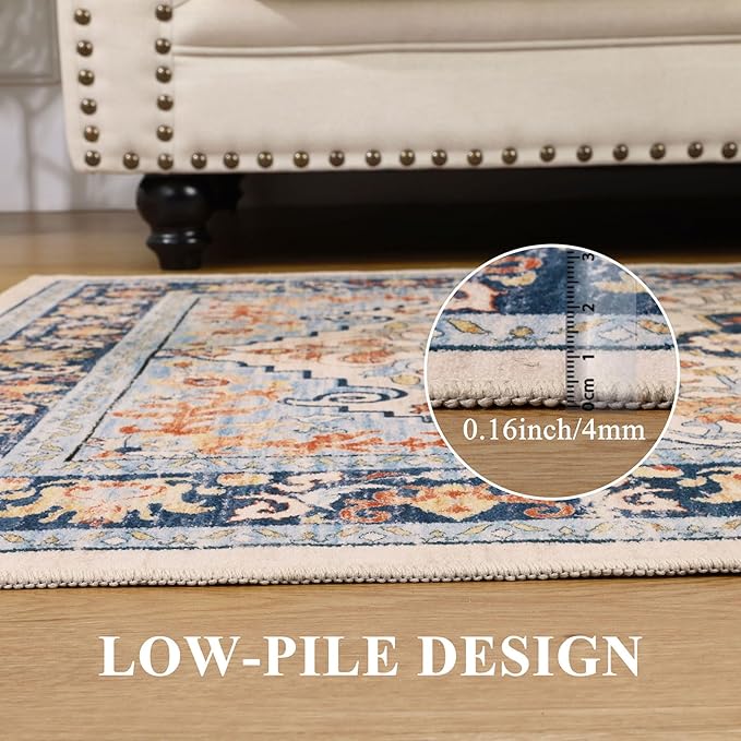 U'Artlines Boho Vintage Area Rug 8x10 Machine Washable Low Pile Soft Floor Carpet Non Slip Non Shedding Accent Rug for Living Room Bedroom Entryway Dining Room Office Orange Blue