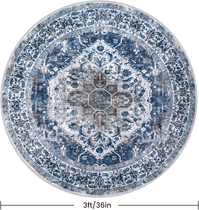 KOZYFLY Round Rug 3 Ft Rugs for Entryway Washable Circle Entrance Rug Non Slip Round Doormat Indoor Printed Faux Wool Round Front Door Mat Floor Carpet for Backdoor, Entryway, Bedroom, Blue
