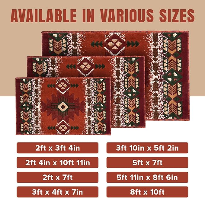 YHSF South West Native American Area Rug C318 - Easy Clean, Thick, Soft, Durable Native Tribal American Indian Inspired Rug for Bedroom/Living Room and More - Rust, 3 Feet 10 Inches x 5 Feet 2 Inches