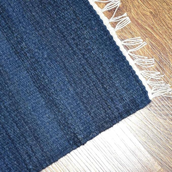 Rugsotic Carpets Hand Woven Flat Weave Kilim Wool ECO-Friendly Area Rugs - 5'x8', Rectangle Shape, Blue Color, Solid Plain Design, Low Pile Handmade Area Rugs for Living Room, Bed Room (D00111)