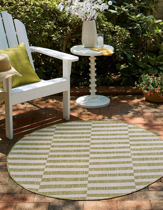 Unique Loom Outdoor Striped Collection Area Rug - Striped (5' 1" Round Green/Ivory)