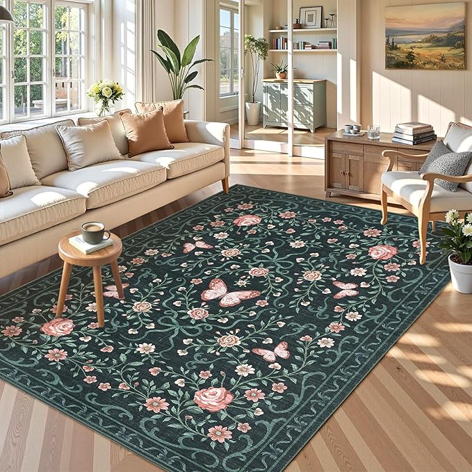 GarveeHome Floral Area Rug 4x6 Entryway Rug Low Pile Bedroom Black Bow Rugs Non Slip Stain Resistant Dining Room Throw Carpet Small Living Room Butterfly Rugs Soft Boho Mats for Kitchen Nursery, 4x6