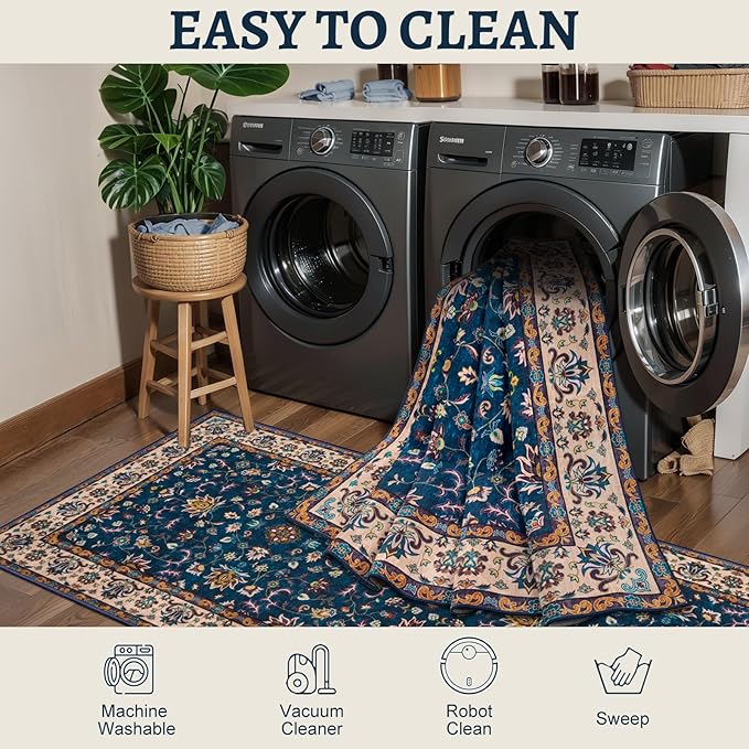 Tangsoo 5x7 Washable Rug, Floral Vintage Large Area Rugs for Living Room, Indoor Non Slip Print Floor Carpet, Soft Low Pile Machine Washable Rug for Bedroom Dining Room Dorm Home Decor Navy Blue