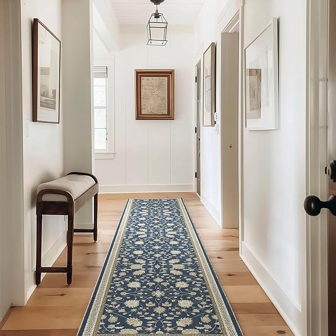 EVERGRACE Hallyway Area Runner Rugs 2x10, Boho Floral Faux Wool Indoor Outdoor Rugs, Washable Rugs for Bedroom Dining Room Living Room Kitchen, Low Pile Floor Mat Carpet for Home Decor, Navy Blue