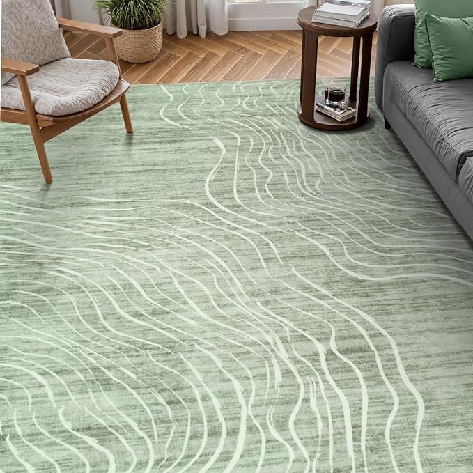 LIVEBOX 8x10 Modern Area Rugs for Living Room, Abstract Non-Slip Washable Rugs, Minimalist Wave Striped Neutral Boys Girl Nursery Area Rug for Bedroom, Carpet for Playroom Office(Sage Green,8'x10')