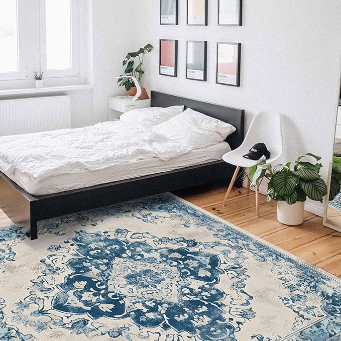 Blue Bohemian Rectangular Area Rugs for Living Room Bedroom 5 x 6.9 ft Vintage Farmhouse Floral Pattern Non-Shedding Soft Low Pile Rug Non Slip Washable Rug for Nursery Entryway Playroom