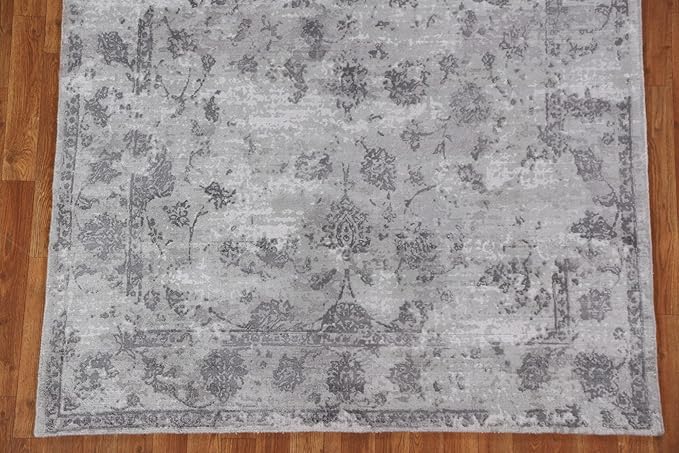 Rug Source Modern Collection, 5x8 Abstract Rug, Hand Knotted Greys & Charcoal Floral Rug, Oriental 100% Silk Carpet for Foyer, Entryway and Hallway