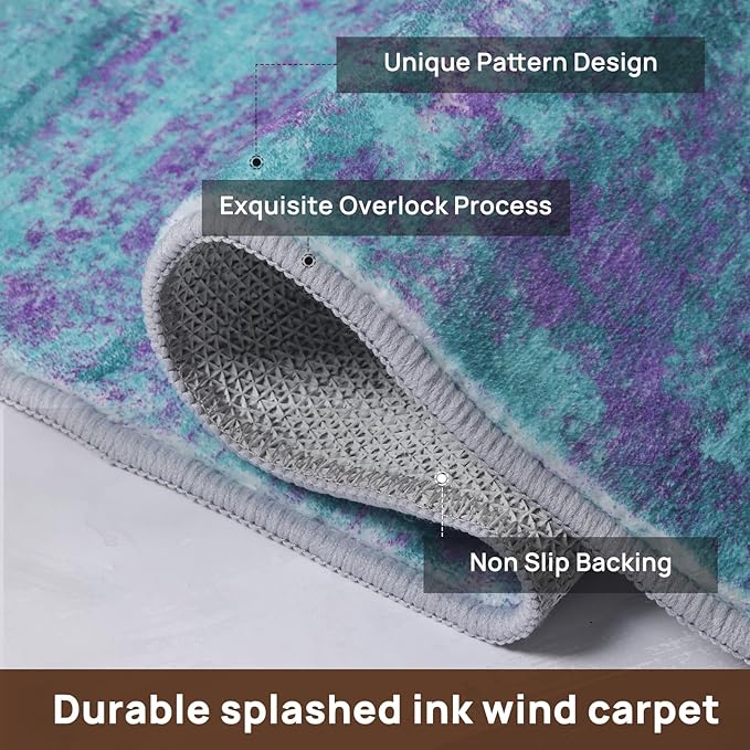 Abstract 5x7 Area Rug, Modern Teal Purple Throw Rugs for Living Room, Washable Soft Large Non-Slip Accent Carpet Floor Mat for Dining Room Office Bedroom - Teal+Purple