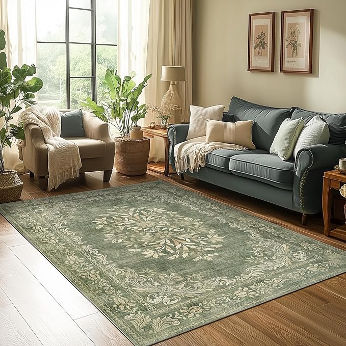 jinchan Green Floral 5x7 Area Rugs for Living Room - Machine Washable Distressed Vintage Design Soft Low-Pile Non-Slip Carpet for Dining Room Bedroom Home Office Nursery (5x7ft,Dark Green)