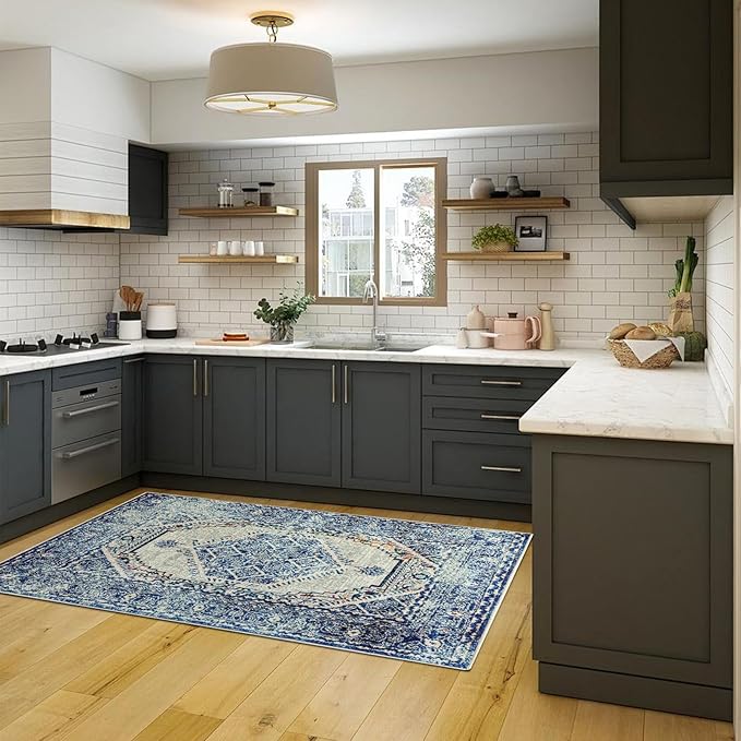 Easy-Going Area Rug 5x7 Washable Boho Rugs for Living Room Non-Slip Bedroom Rug Low Pile Lightweight Medallion Distressed Throw Rug for Dining Room Kitchen Home Office Carpet, Vintage Blue Cream