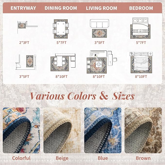 tchdio 5x7 Area Rugs for Living Room, Vintage Non Slip Washable Rug, Soft Low Pile Area Rug Large Floor Indoor Carpet for Bedroom, Dining Room, Office (Multi, 5'x7')
