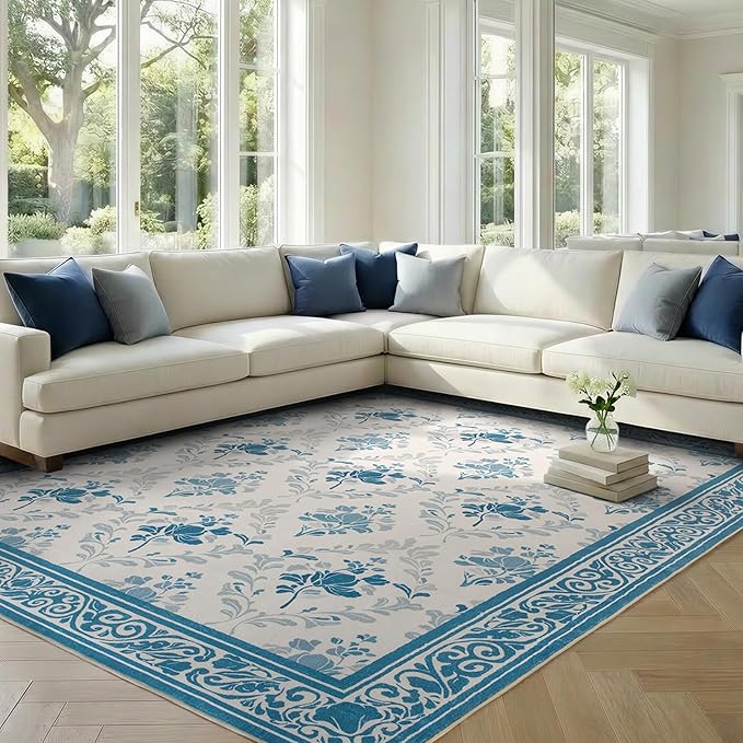 SOULFUL Medium Pile 3x5 Area Rug - Soft Underfoot Small Entryway Rug - Blue Boho Floral - Washable Non-Slip - Perfect for Living Room Bedroom Foot Kids Room Reading Nook