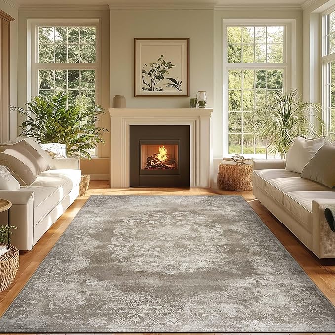 jinchan Washable Area Rug 6x9 for Living Room - Soft Faux Wool Ultra-Thin Stain Resistant Non-Slip Distressed Vintage Floral Large Carpet for Bedroom, Dining Room, Home Office, Nursery(Brown, 6'x9')