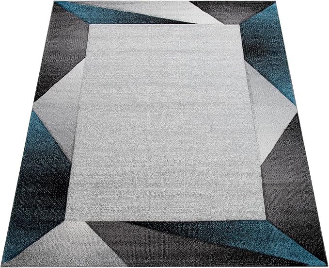 Paco Home Modern Area Rug Bordered with Geometric Pattern Turquoise Grey with Contour Cut, Size: 6'7" x 9'6"