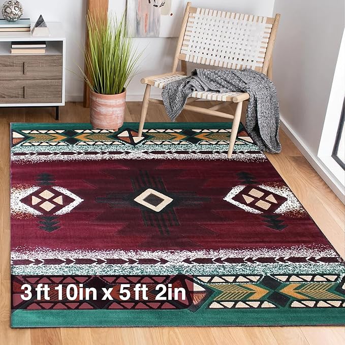 YHSF South West Native American Area Rug C318 - Easy Clean, Thick, Soft, Durable Native Tribal American Indian Inspired Rug for Bedroom/Living Room and More - Burgundy, 3 ft 10 in x 5 ft 2 in