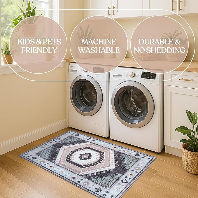 Fame Living Washable Area Rug. Modern Farmhouse. Vintage. Turkish. Bohemian. Distressed. Oriental. Traditional. Rugs for Living Room. Dining. Bedroom. Office. Entryway. Foyer. (856BlckGry, 2'5" x 13')