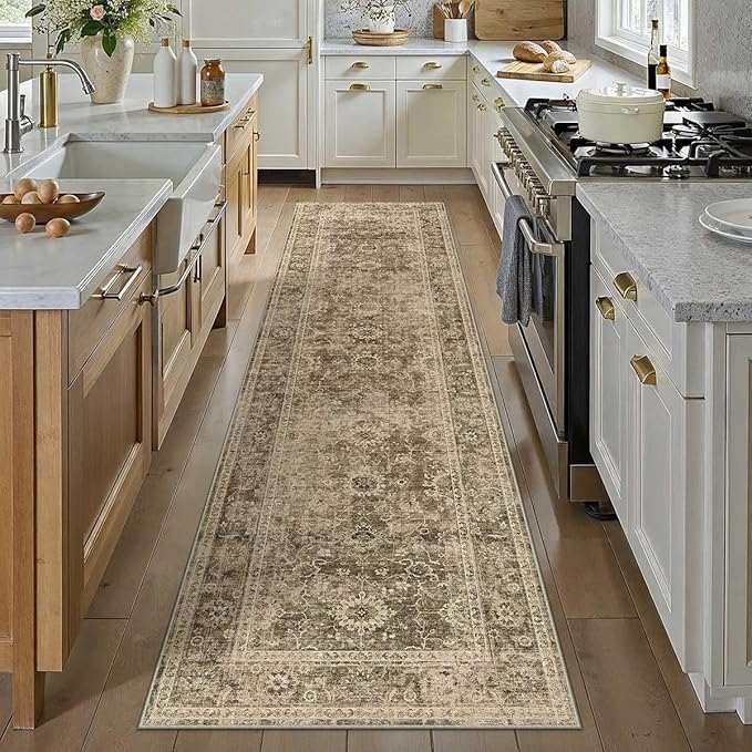 2x10 Washable Runner Rug for Kitchen Hallway Brown Vintage Non-Slip Low Pile Distressed Rustic Carpet Lightweight Vacuumable Soft Long Throw Rug for Indoor Entryway Bedroom