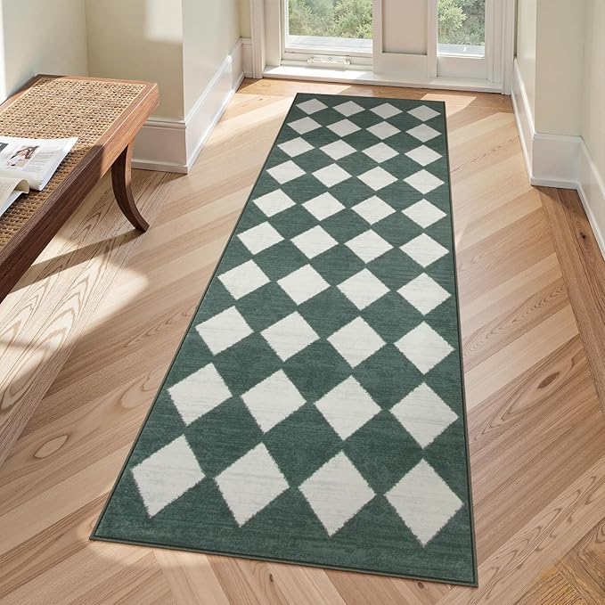 Lahome Checkered Washable 2x6 Green Runners for Hallways Non Slip, Ultra-Thin Kitchen Bathroom Runner Rugs, Moroccan Trellis Throw Carpet Runner for Bedroom Entryway Decor (2'x6',Dark Green)
