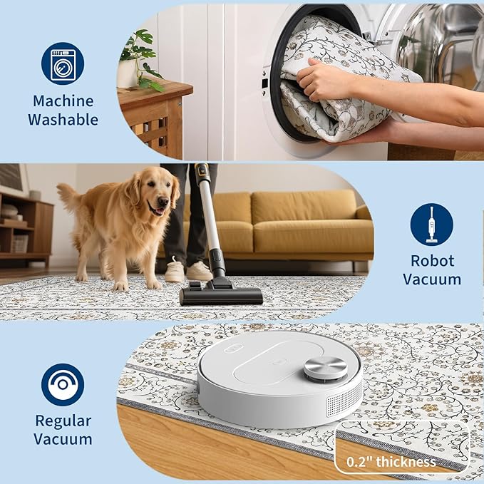 GarveeHome Boho 2x6 Runner Rug for Hallways Non Slip, Vintage Botanical Kitchen Rugs Washable Area Rug for Entryway Stain Resistant, Low Pile Soft Runner Grey Carpet for Bedroom Floor Laundry Room