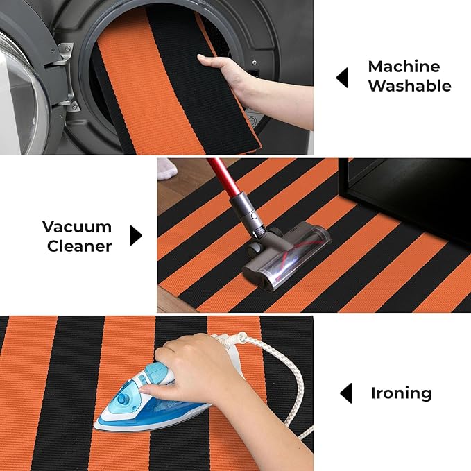 KOZYFLY Striped Outdoor Rug 4x6 Ft Orange and Black Halloween Fall Hand Woven Area Rug Washable Outdoor Doormats Indoor Entrance Mat for Front Door Kitchen Entryway Patio Front Porch Decor