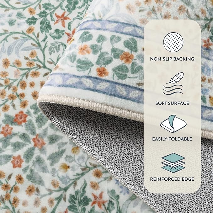 Lahome Floral Washable Area Rugs 5x7, Soft Green Rugs for Living Room Bedroom, Boho Non Slip Low Pile Forest Stain Resistance Large Throw Carpet for Farmhouse Dining Room Nursery, Green